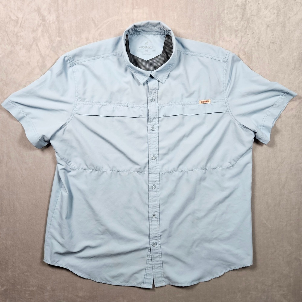 Gramicci Pescador Tech Shirt Mens XXL Blue Vented Pockets UPF 30+ Fishing Hiking